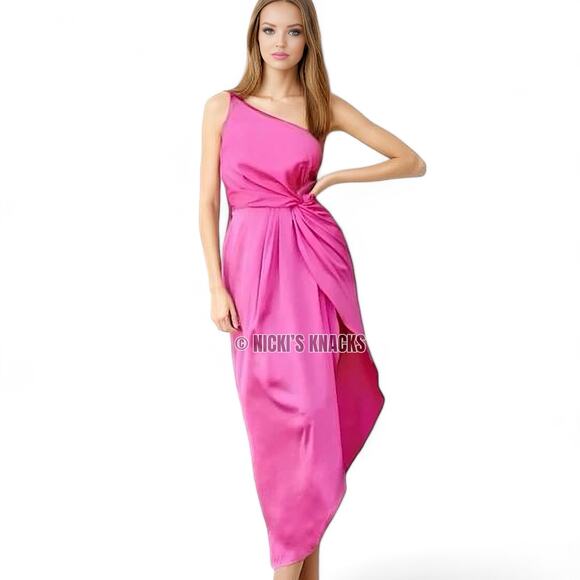 Anthropologie OPT One Shoulder Satin Asymmetric Knot Midi Dress Pink Size M - Picture 10 of 11